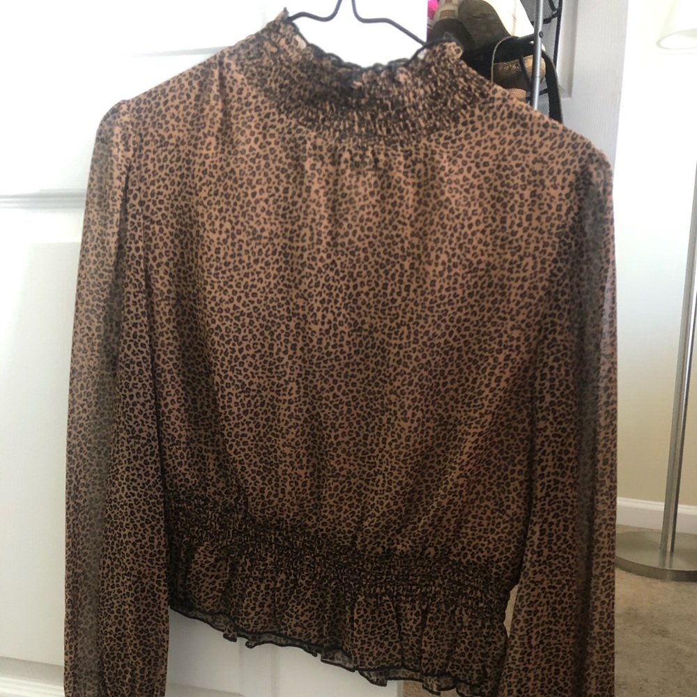 High neck long sleeve cheetah print blouse